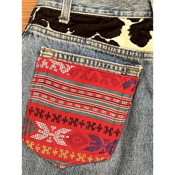 Vintage 90's LEVI'S 501 Upcycled Reworked Patchwork Aztec Boho Beads Jeans 29x31 - Picture 8 of 14
